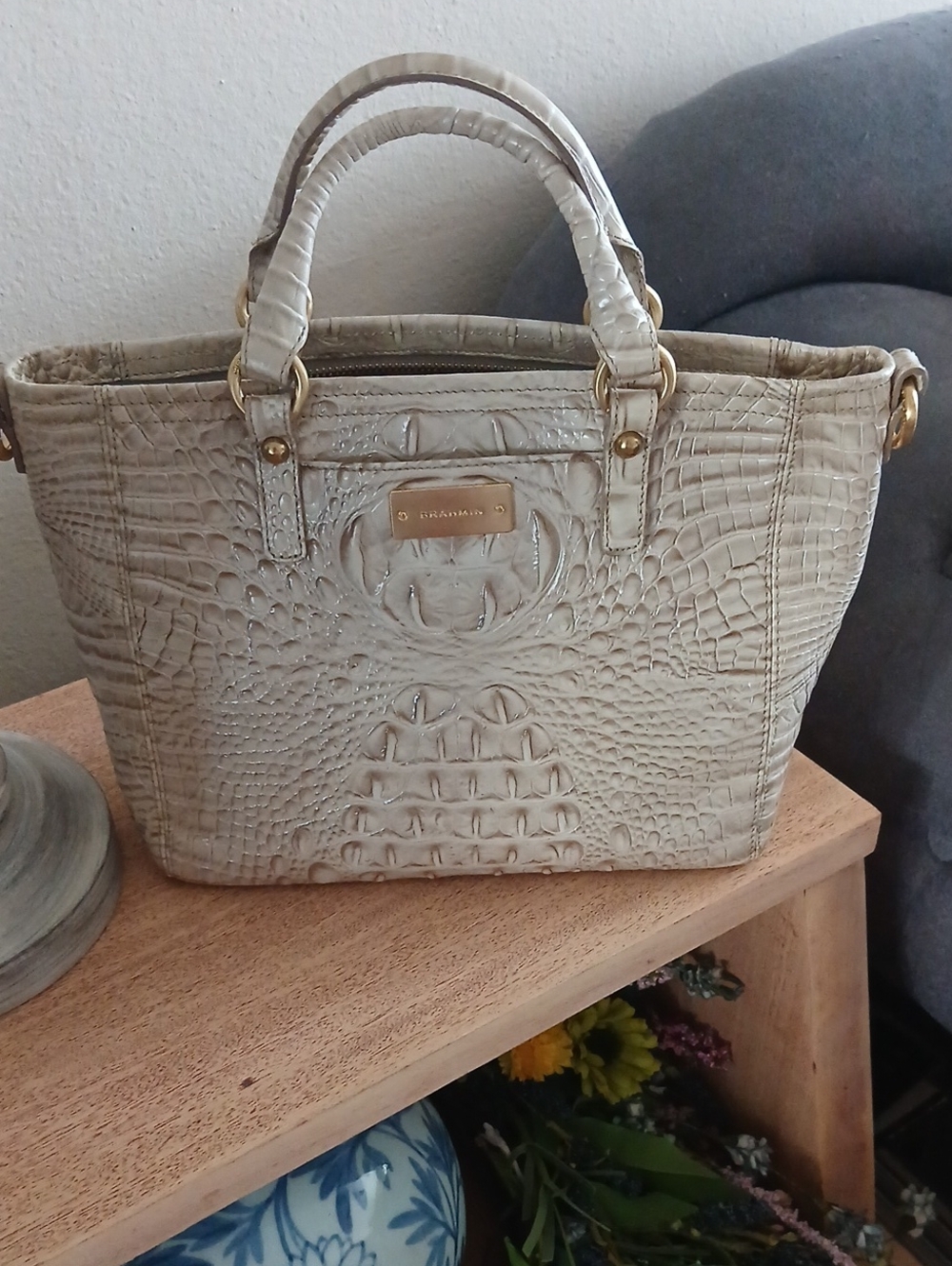 Brahmin Cream Croc-Embossed Leather Satchel with Gold Hardware